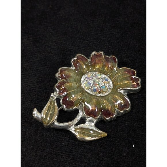 1928 Green Brown Sunflower AB Rhinestone Pave Silver Tone Brooch Pin - Picture 6 of 9